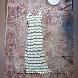 Hollister Green & White Chevron Knit Midi Dress Spaghetti Strap Size XS